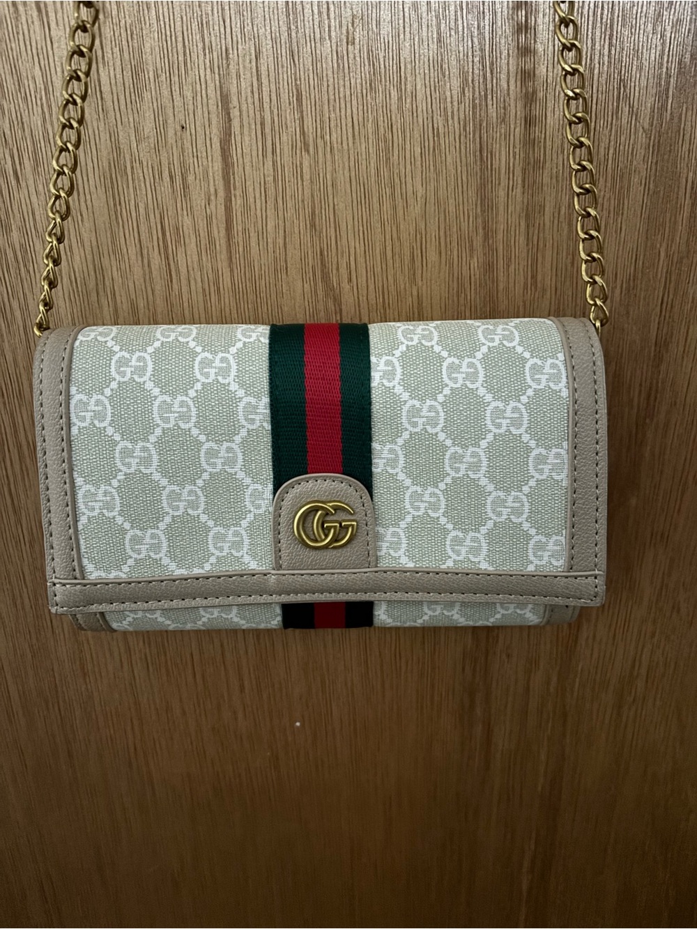Beige Crossbody with Green-Red Web